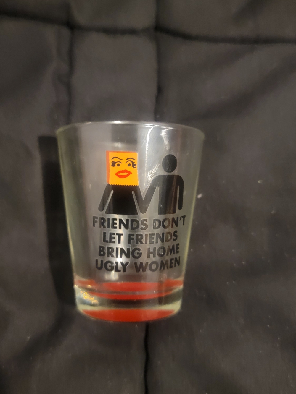 Novelty Shot Glass with Humorous Graphic and Red Accent